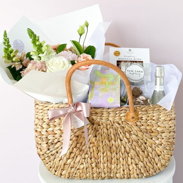 gift hamper and flowers